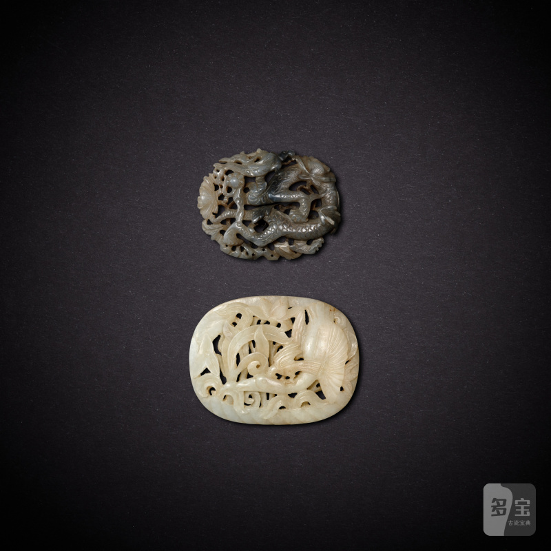 Two jade reticulated plaques, Liao dynasty | 遼 灰白玉龍紋牌及白玉春水圖牌